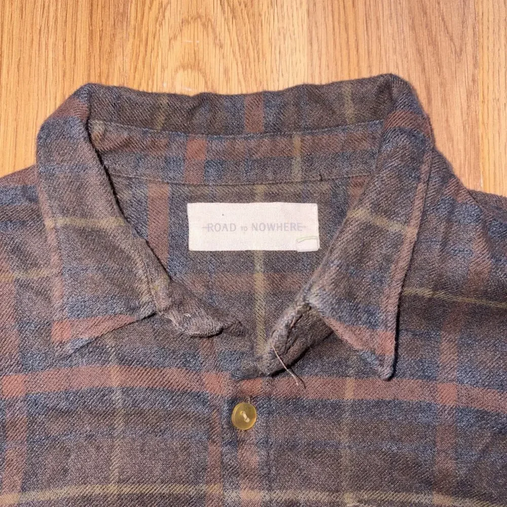 Road to Nowhere Charcoal Brown Slate Blue Organic Cotton Flannel Shirt Plaid L